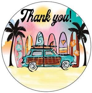 Beach Wagon Thank You Name LABELS (3.5 inches) - Set of 28