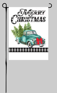 Truck with Trees with Buffalo Plaid (Merry Christmas) Garden Flag