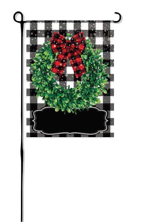 Snowy Winter Wreath on Buffalo Plaid Garden Flag