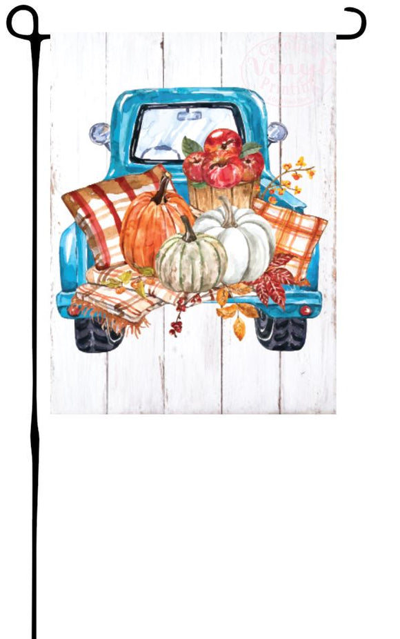 Fall Truck with Pumpkin & Pillows on white wood*  Garden Flag