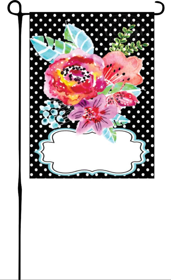 Flowers on Black & White Dots Garden Flag