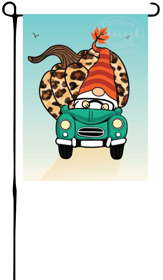 Gnome Driving Leopard Pumpkin Garden Flag