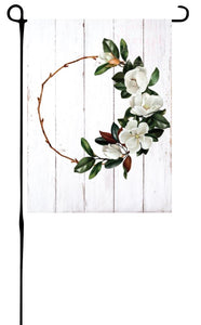 Magnolia Flower Wreath on Wood Garden Flag