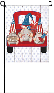 Patriotic Gnomes in Red Truck Garden Flag