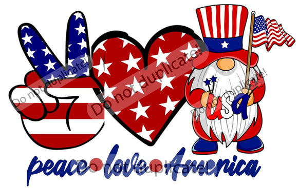 Peace Love America GNOME Vinyl Heat Transfer