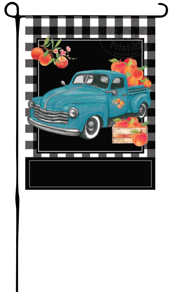 Peach Truck on Buffalo Plaid Garden Flag