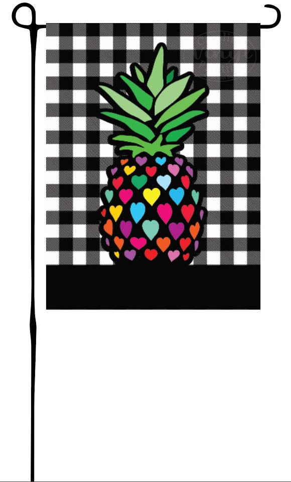 Heart Pineapple on Buffalo Plaid Garden Flag