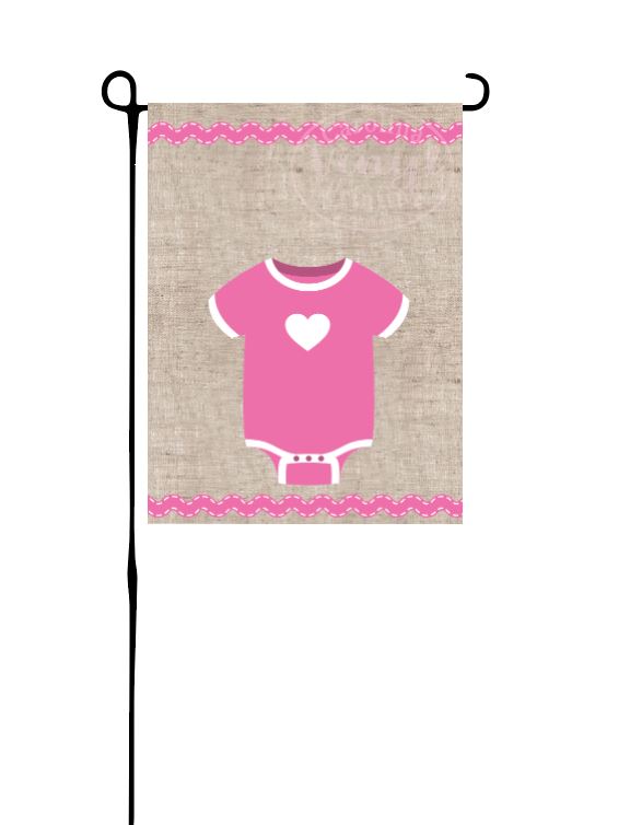 Pink Baby Onesie on Faux Burlap Garden Flag