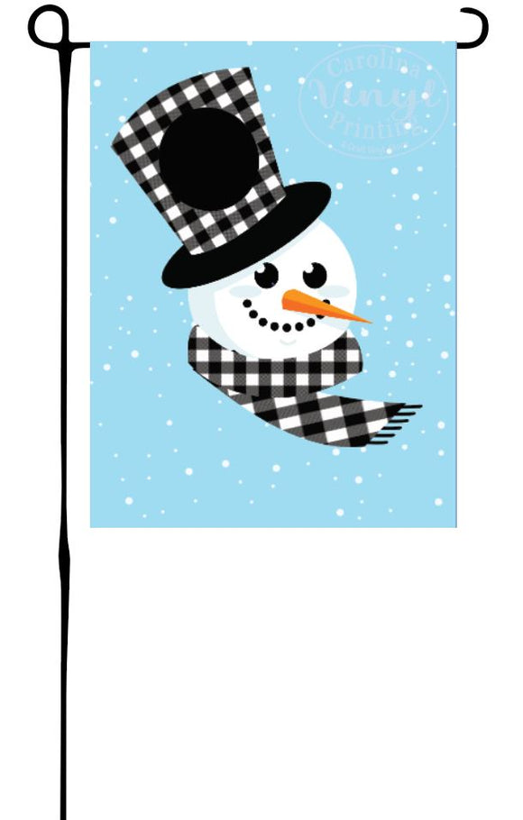 Snowman with Buffalo Plaid Monogram Hat Garden Flag