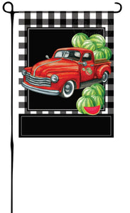 Watermelon Truck on Buffalo Plaid Garden Flag